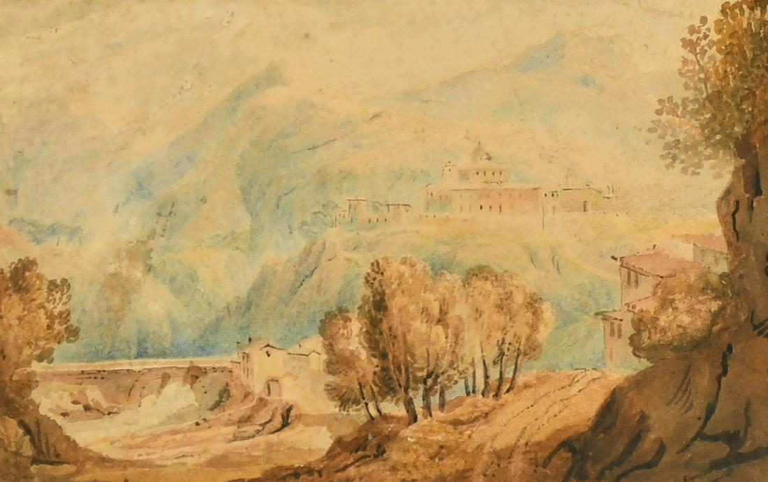 Follower of Edward Lear, An Italian view, watercolour, 4" x 6".: Follower of Edward Lear, An Italian view, watercolour, 4" x 6".