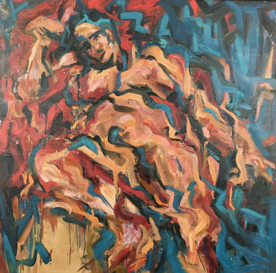 20th/21st Century, A study of a reclining male nude, oil on canvas, signed indistinctly on a canvas: 20th/21st Century, A study of a reclining male nude, oil on canvas, signed indistinctly on a canvas verso, 47" x 48".