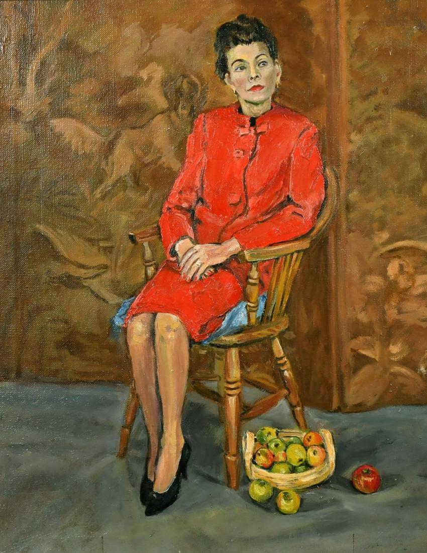 R. Harland, Portrait of a seated gentleman wearing a green jumper and light brown jacket, signed and: R. Harland, Portrait of a seated gentleman wearing a green jumper and light brown jacket, signed and dated '58, along with another by the same hand, portrait of a seated lady wearing a red suit, signe