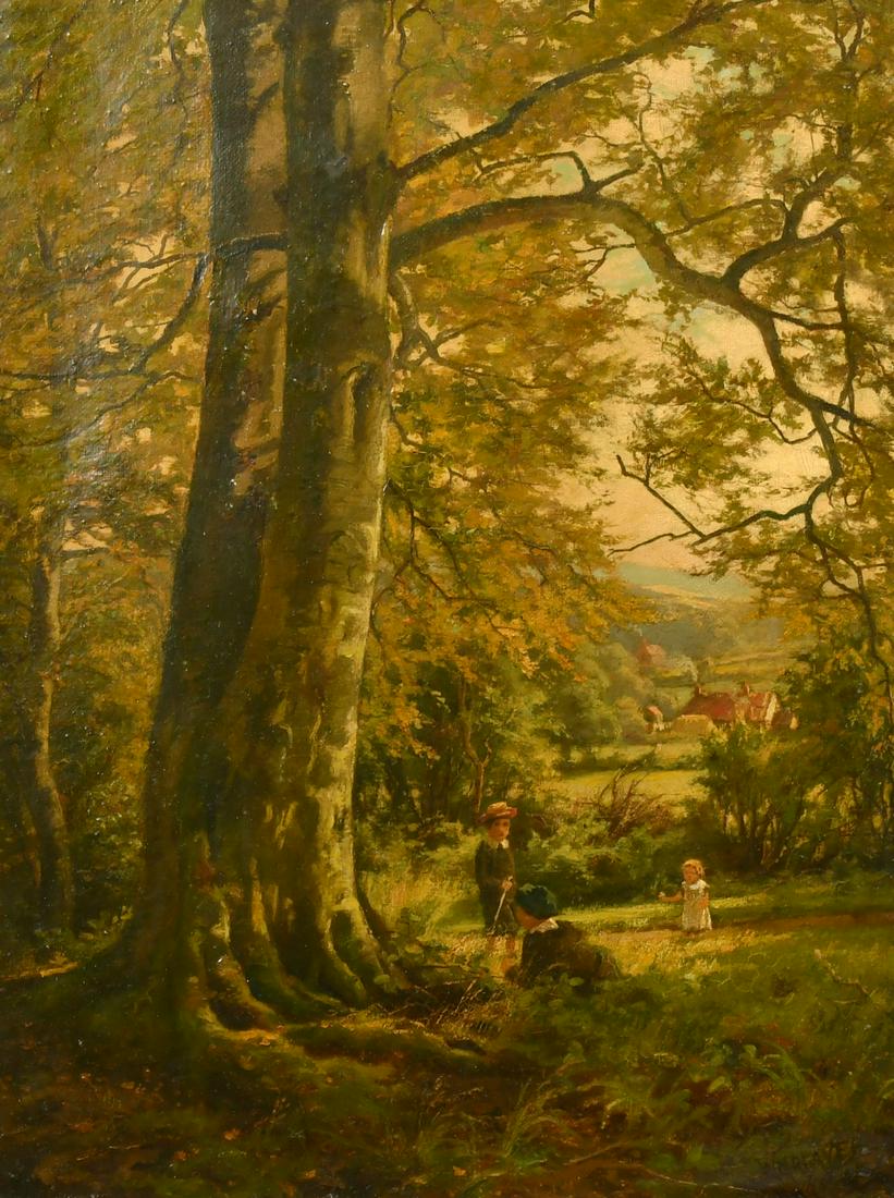 Walter Greaves (1846-1930) British, Children playing under a large oak tree, with a cottage in the (1 of 4)