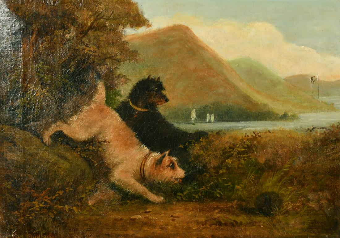 Charles Dudley (19th/20th Century), terriers ratting with sailboats on a mountain lake beyond, oil (1 of 4)