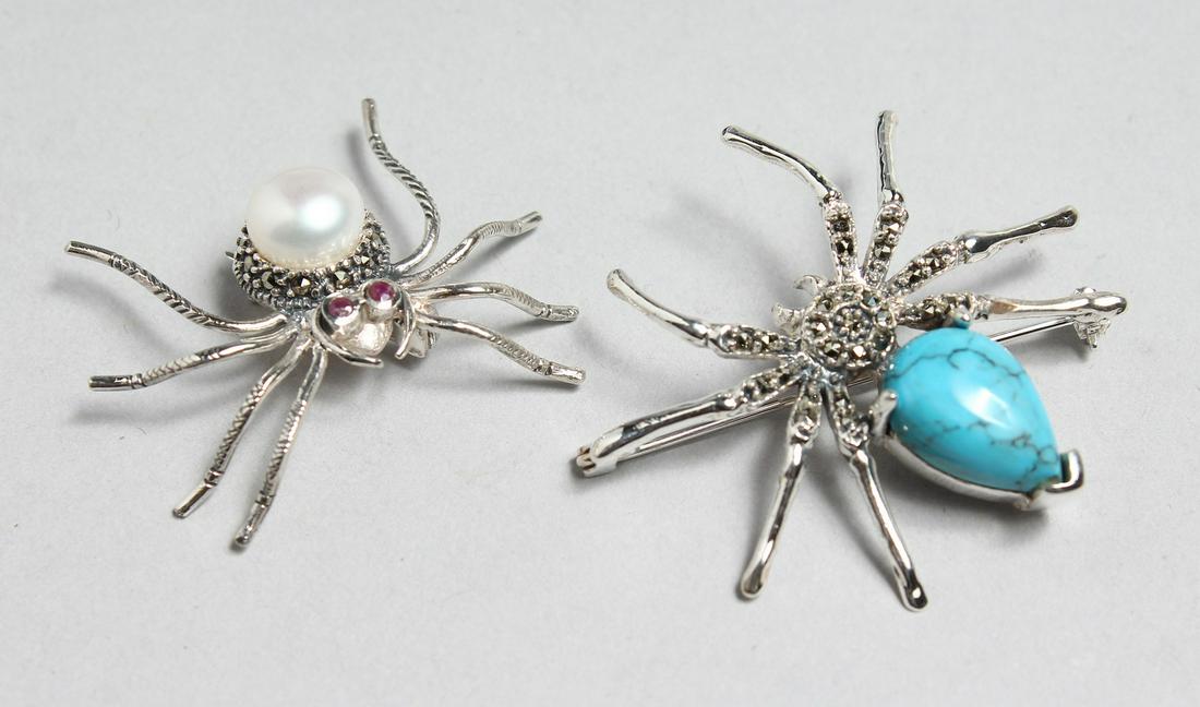 TWO SILVER AND MARCASITE SPIDER BROOCHES: TWO SILVER AND MARCASITE SPIDER BROOCHES
