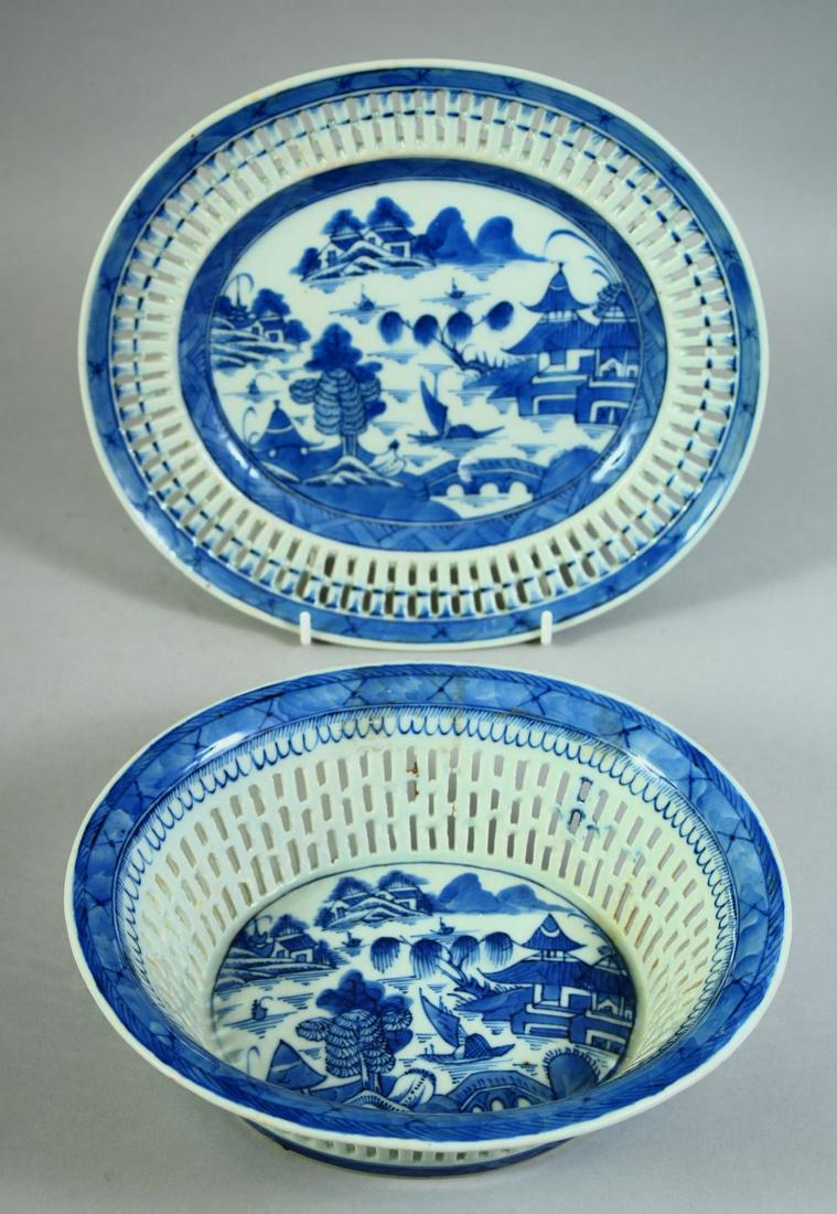 A CHINESE BLUE AND WHITE PORCELAIN OVAL BASKET AND STAND, basket 22.5cm wide.: A CHINESE BLUE AND WHITE PORCELAIN OVAL BASKET AND STAND, basket 22.5cm wide.