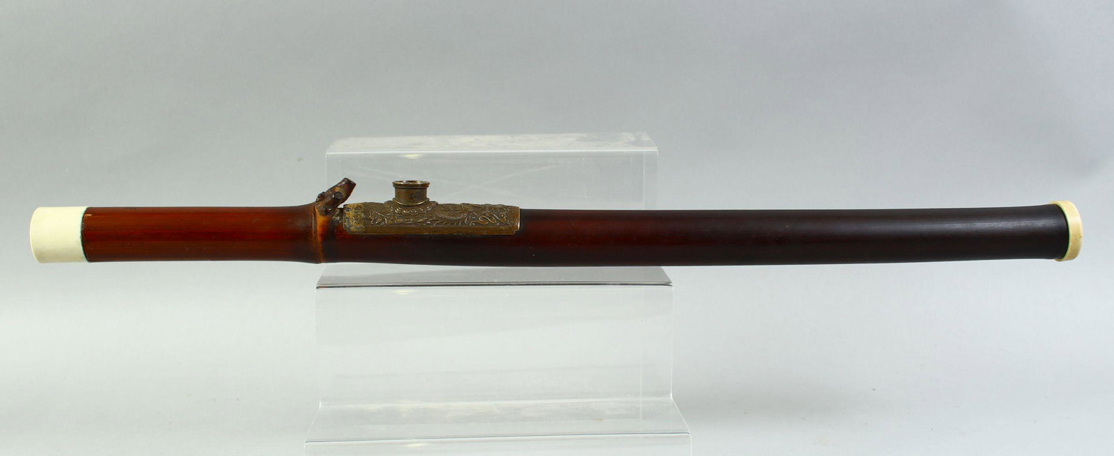 A CHINESE METAL AND BONE MOUNTED BAMBOO OPIUM PIPE, 63.5cm long.: A CHINESE METAL AND BONE MOUNTED BAMBOO OPIUM PIPE, 63.5cm long.