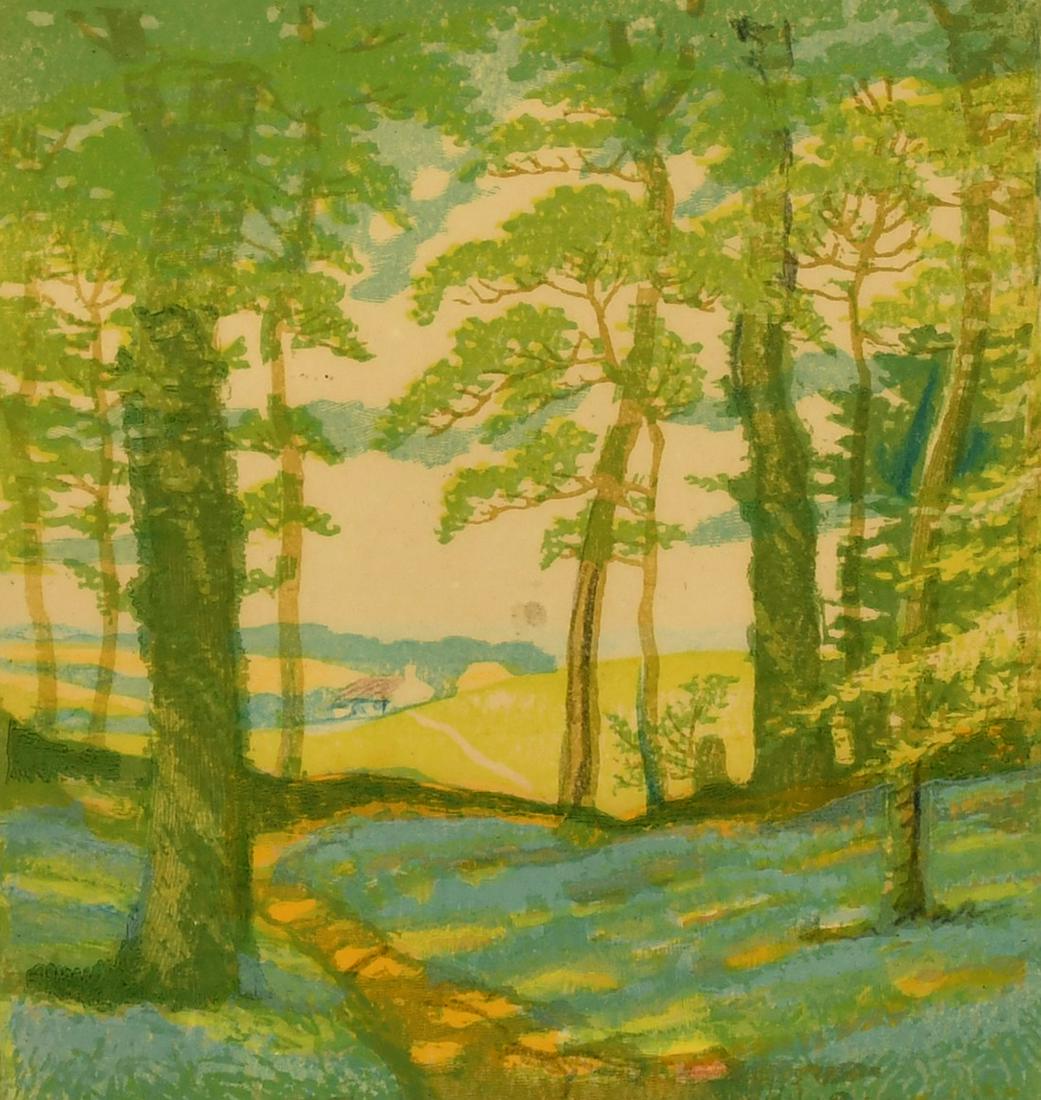 John Hall Thorpe (1874-1947) Australian, A sunlit path through trees out to a field and a house: John Hall Thorpe (1874-1947) Australian, A sunlit path through trees out to a field and a house beyond, woodcut, signed in pencil, 7.5" x 6.75".