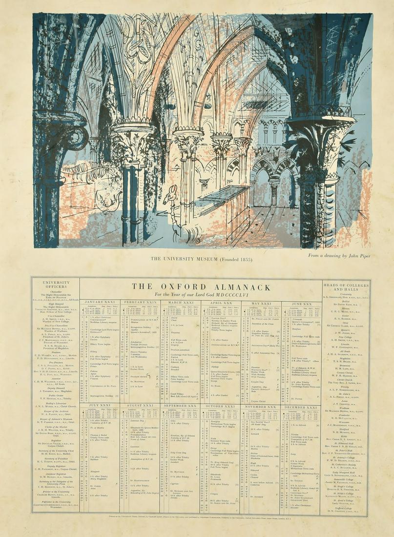 After John Piper, The Oxford Almanac 1956, lithograph and letter press, 30" x 22".: After John Piper, The Oxford Almanac 1956, lithograph and letter press, 30" x 22".