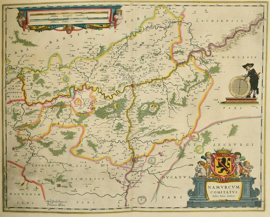'Namurcum Comitatus Auctore Iohann Surhonio', after Blaeu, a 17th Century outline coloured map, 16" (1 of 3)