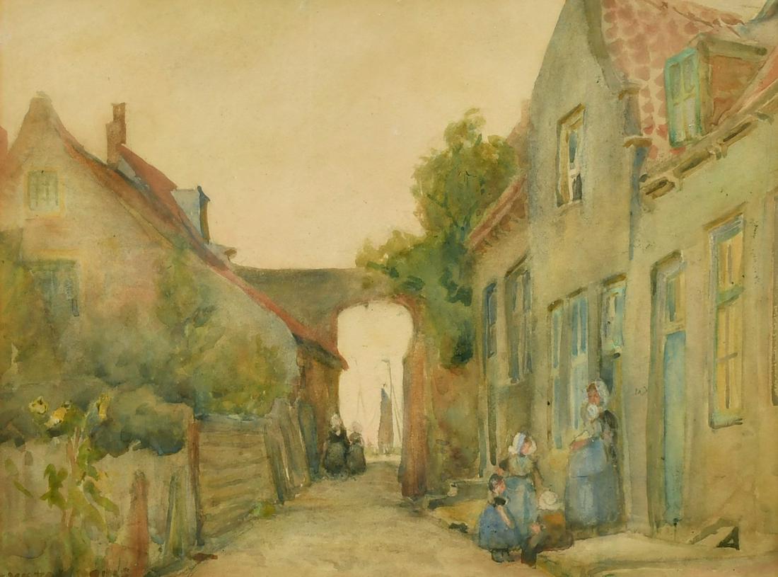 Victor Noble Rainbird (1888-1936) British, a scene of figures outside a town building with a port (1 of 4)