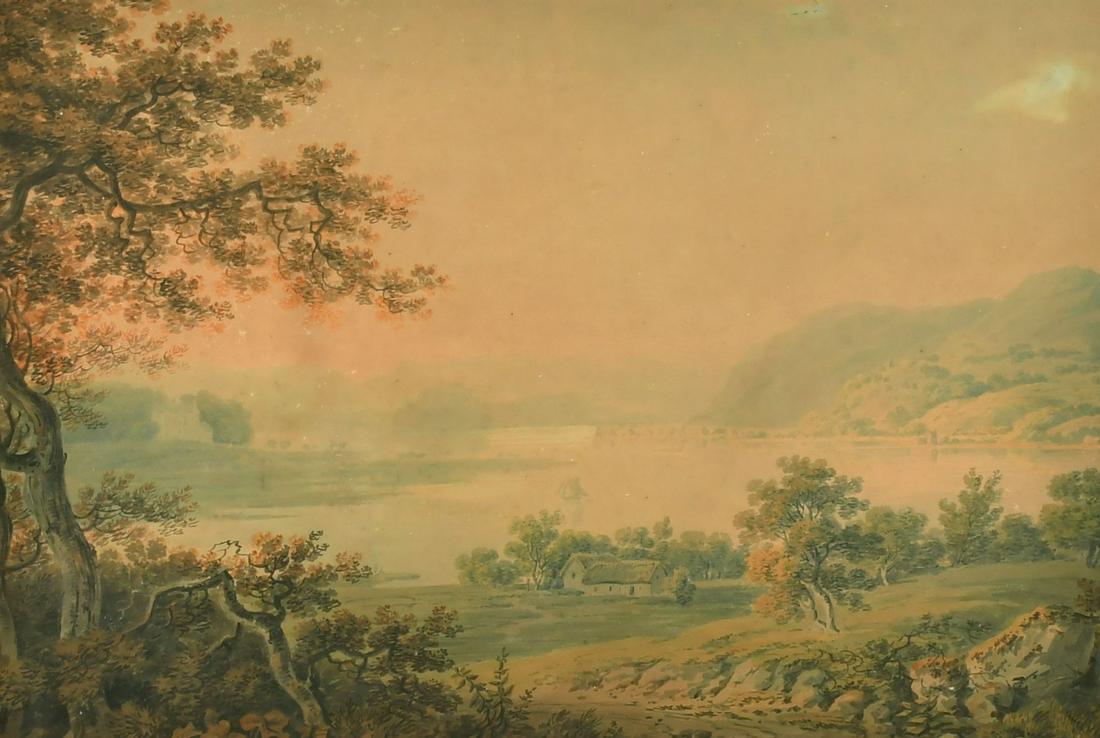 Hugh Grecian Williams (1773-1829) Scottish, 'Dumbarton on the Clyde - early 1800's', watercolour,: Hugh Grecian Williams (1773-1829) Scottish, 'Dumbarton on the Clyde - early 1800's', watercolour, inscribed verso, 12.75" x 19".