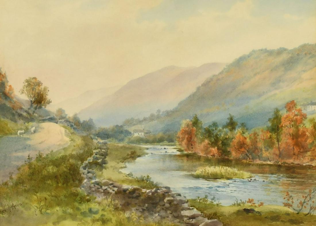 Edward Arden (1830-1909) British, sheep on a country path by a river, watercolour, signed, 13" x (1 of 7)