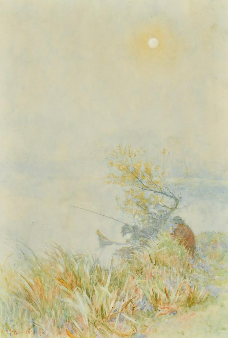 George Herbert Jupp (b. 1869) British, An angler at sunrise, watercolour, signed and inscribed 'Bray: George Herbert Jupp (b. 1869) British, An angler at sunrise, watercolour, signed and inscribed 'Bray 1914', 20.5" x 14", (unframed).