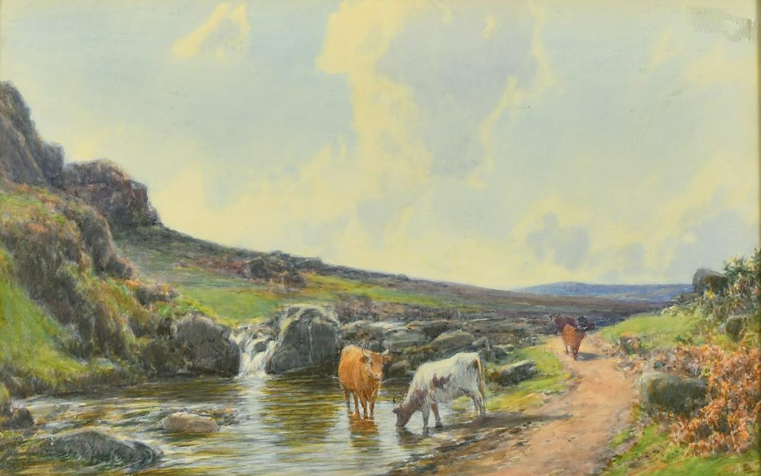 John White (1851-1933) British, 'The pool Bridestowe, Dartmoor,' watercolour, signed and dated 1902,: John White (1851-1933) British, 'The pool Bridestowe, Dartmoor,' watercolour, signed and dated 1902, inscription verso on label, 11.75"x 18.5".