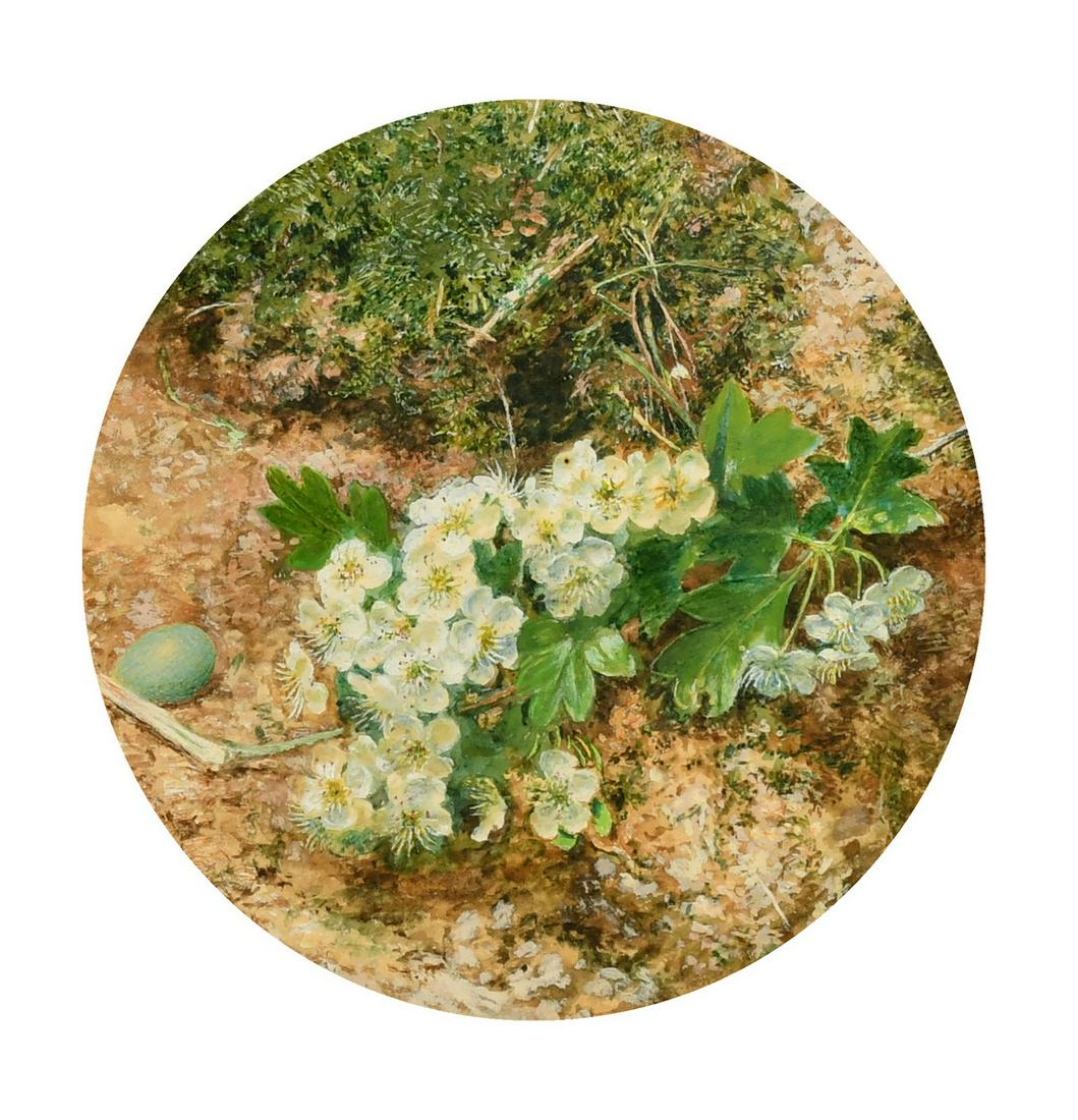 William Hough (fl.1857-1980) A still life with a stem of blossom, a birds egg and heather, (1 of 3)