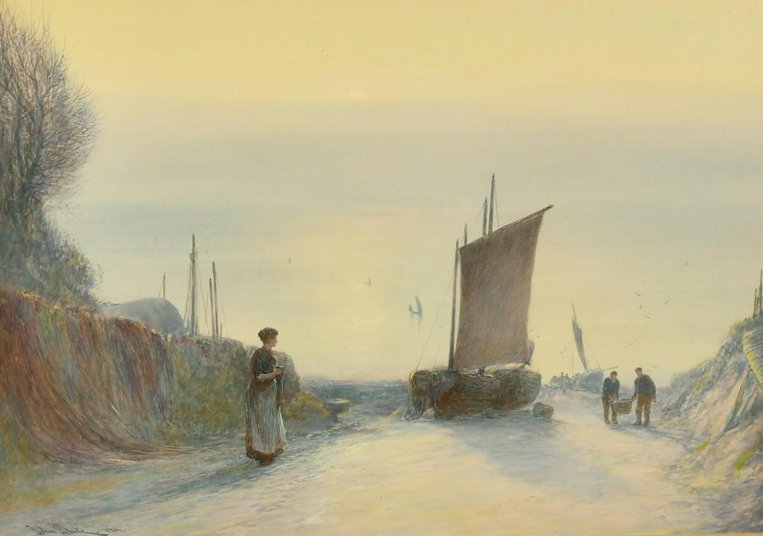 John White (1851-1933) British, figures on a beach unloading a catch, watercolour, signed and dated: John White (1851-1933) British, figures on a beach unloading a catch, watercolour, signed and dated 1914, 14" x 21".