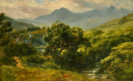 Attributed to Robert Gallon (1845-1925) British, An extensive forest landscape with river, a: Attributed to Robert Gallon (1845-1925) British, An extensive forest landscape with river, a dwelling and mountains beyond, oil on panel, 7.75" x 11.75".