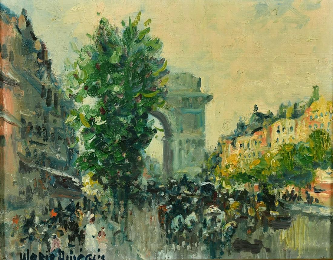 Merio Ameglio (1897-1970) Italian, Figures and horses on the Champs-Elysees, oil on canvas,: Merio Ameglio (1897-1970) Italian, Figures and horses on the Champs-Elysees, oil on canvas, indistinctly signed, 8.5" x 10.5".