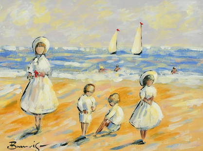 Walter John Beauvais (1942-1998) British, 'Children on the beach', gouache, signed, label verso,: Walter John Beauvais (1942-1998) British, 'Children on the beach', gouache, signed, label verso, 10.25" x 14".