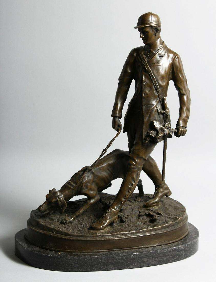 AFTER P. J. MENE. A MAN, A DOG AT HIS SIDE, 16ins high on a marble base.: AFTER P. J. MENE. A MAN, A DOG AT HIS SIDE, 16ins high on a marble base.