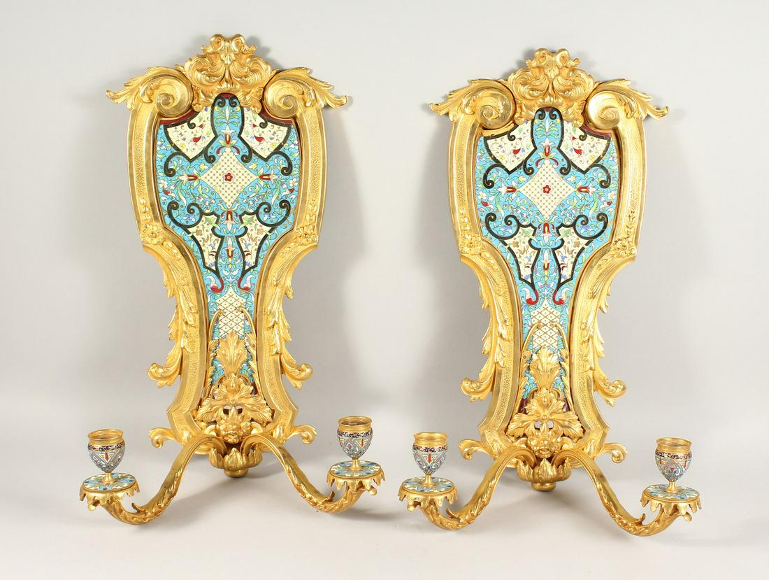 A GOOD PAIR OF ORMOLU, FIVE LIGHT, WALL LIGHT APPLIQUES with two ties of scrolling light branches (1 of 7)