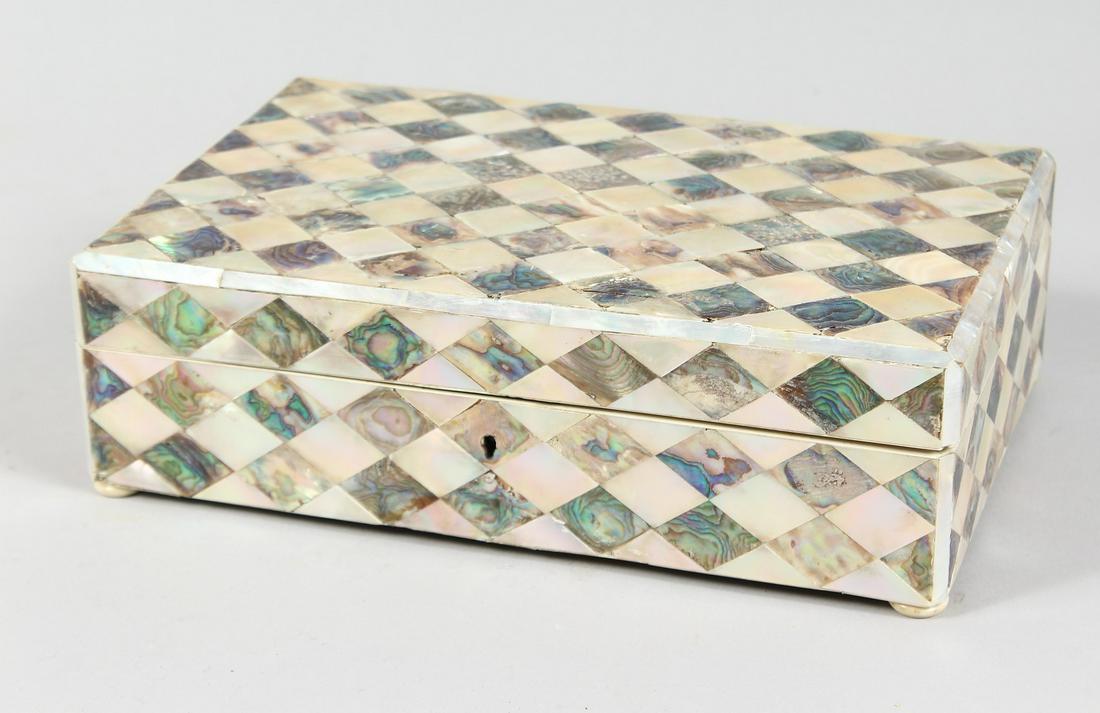 A GOOD MOTHER OF PEARL STYLE RECTANGULAR CASKET.  10ins long, 6.5ins wide. (1 of 6)