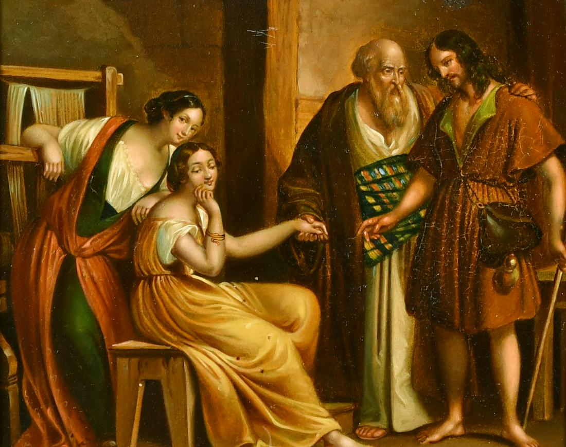 19TH CENTURY. A scene of young suitors being introduced, oil on metal, 6.5" x 8".: 19TH CENTURY. A scene of young suitors being introduced, oil on metal, 6.5" x 8".