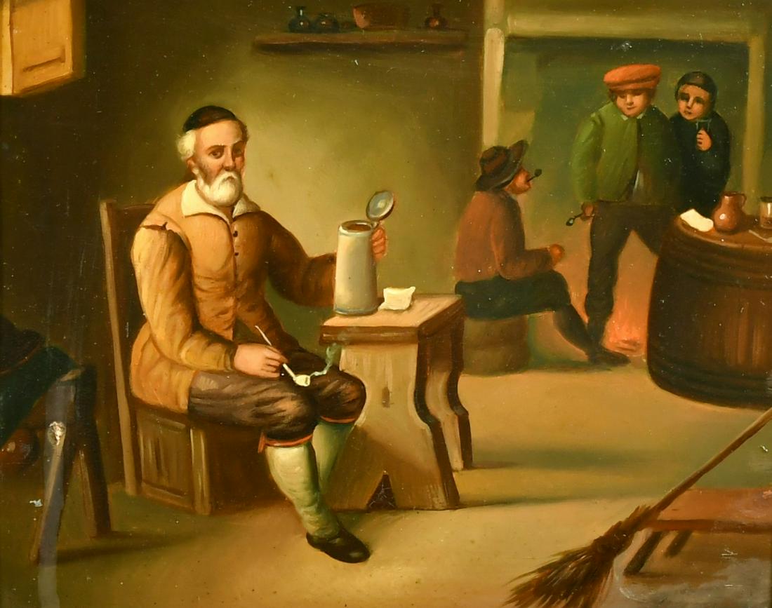 MANNER OF TENIERS. A gentleman with a pipe in a tavern interior, oil on metal, 7" x 8". (1 of 3)
