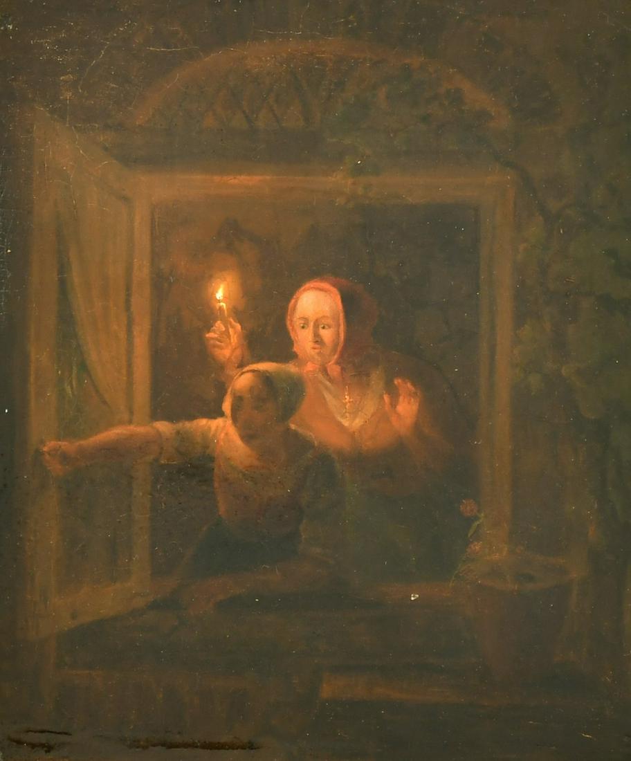 CIRCLE OF PETRUS VAN SCHENDEL. Female figures in an open window by candlelight, oil on oak panel. (1 of 3)