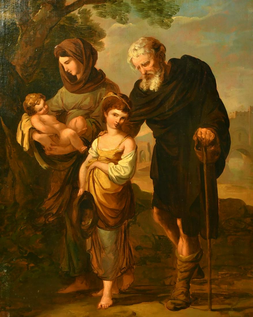 FOLLOWER OF BENJAMIN WEST. 'The Mendicants' Figures on a path with a fortified town beyond, oil on: FOLLOWER OF BENJAMIN WEST. 'The Mendicants' Figures on a path with a fortified town beyond, oil on canvas. Inscribed verso, 24" x 19".