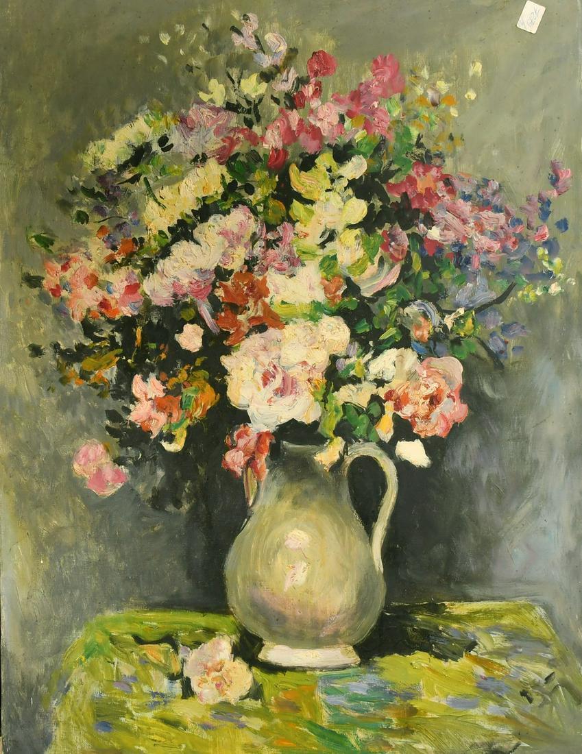 Circle of Marcel Dyf, a still life of mixed flowers, oil on canvas, 24" x 18" (61 x 46cm), unframed.: Circle of Marcel Dyf, a still life of mixed flowers, oil on canvas, 24" x 18" (61 x 46cm), unframed.