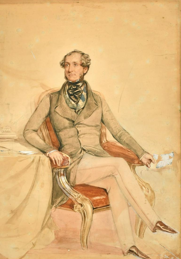 Attributed to Frederick Cruikshank (fl. c.1849-1861) British, Study for a portrait of a seated: Attributed to Frederick Cruikshank (fl. c.1849-1861) British, Study for a portrait of a seated gentleman holding a letter, watercolour with pencils, heightened with body colour, signed with initials, 