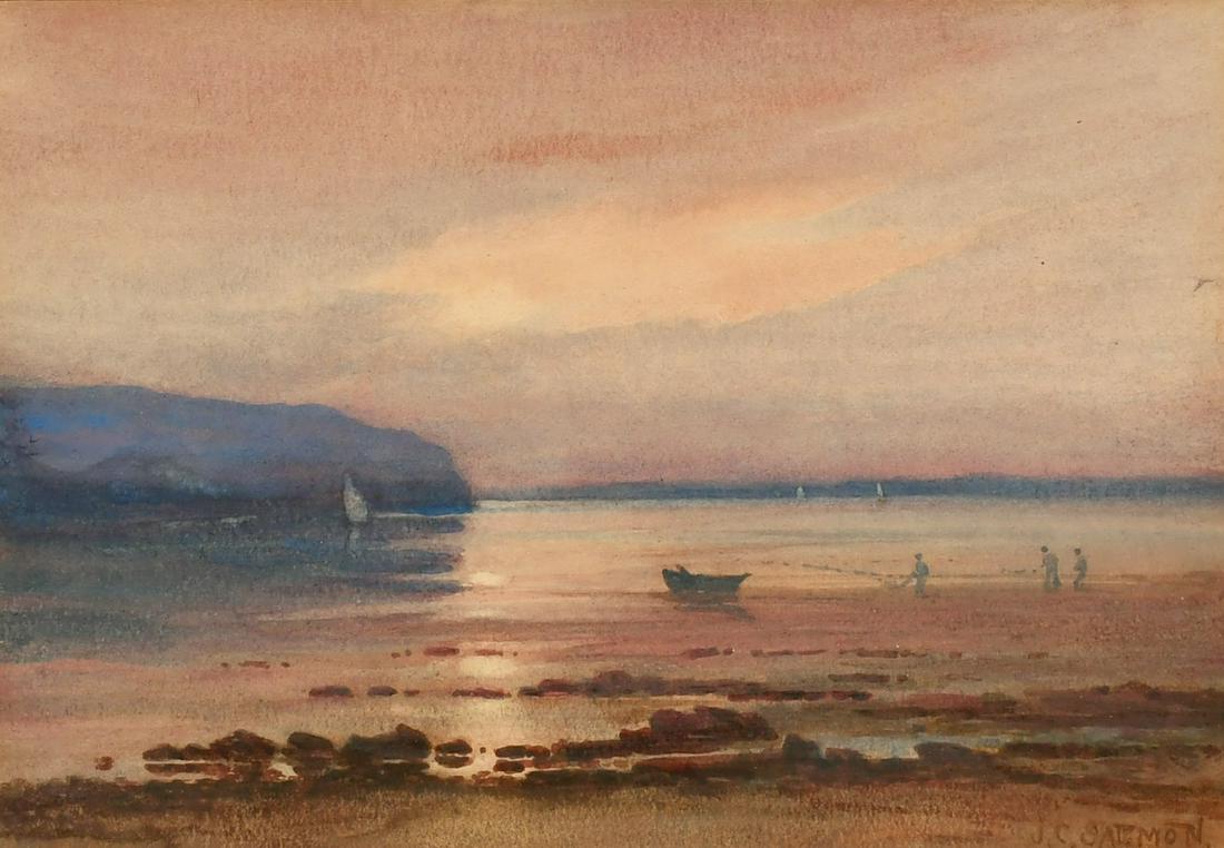 J.C. Salmon, A moonlit coastal scene with figures and boats, watercolour, signed, 6.5" x 9.5".: J.C. Salmon, A moonlit coastal scene with figures and boats, watercolour, signed, 6.5" x 9.5".