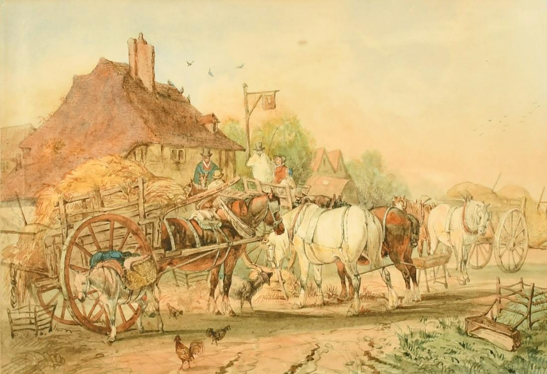 Attributed to James Ward (1769-1859) British, Hay Wagons outside an Inn, watercolour, 8.25" x 12.5".: Attributed to James Ward (1769-1859) British, Hay Wagons outside an Inn, watercolour, 8.25" x 12.5".