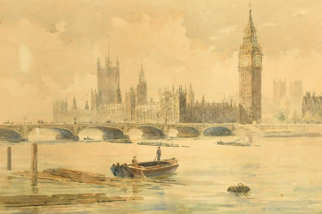 19th Century, A view of Big Ben, The Houses of Parliament and Westminster Bridge, watercolour,: 19th Century, A view of Big Ben, The Houses of Parliament and Westminster Bridge, watercolour, indistinctly signed and dated 1886, 11.5" x 17.5".
