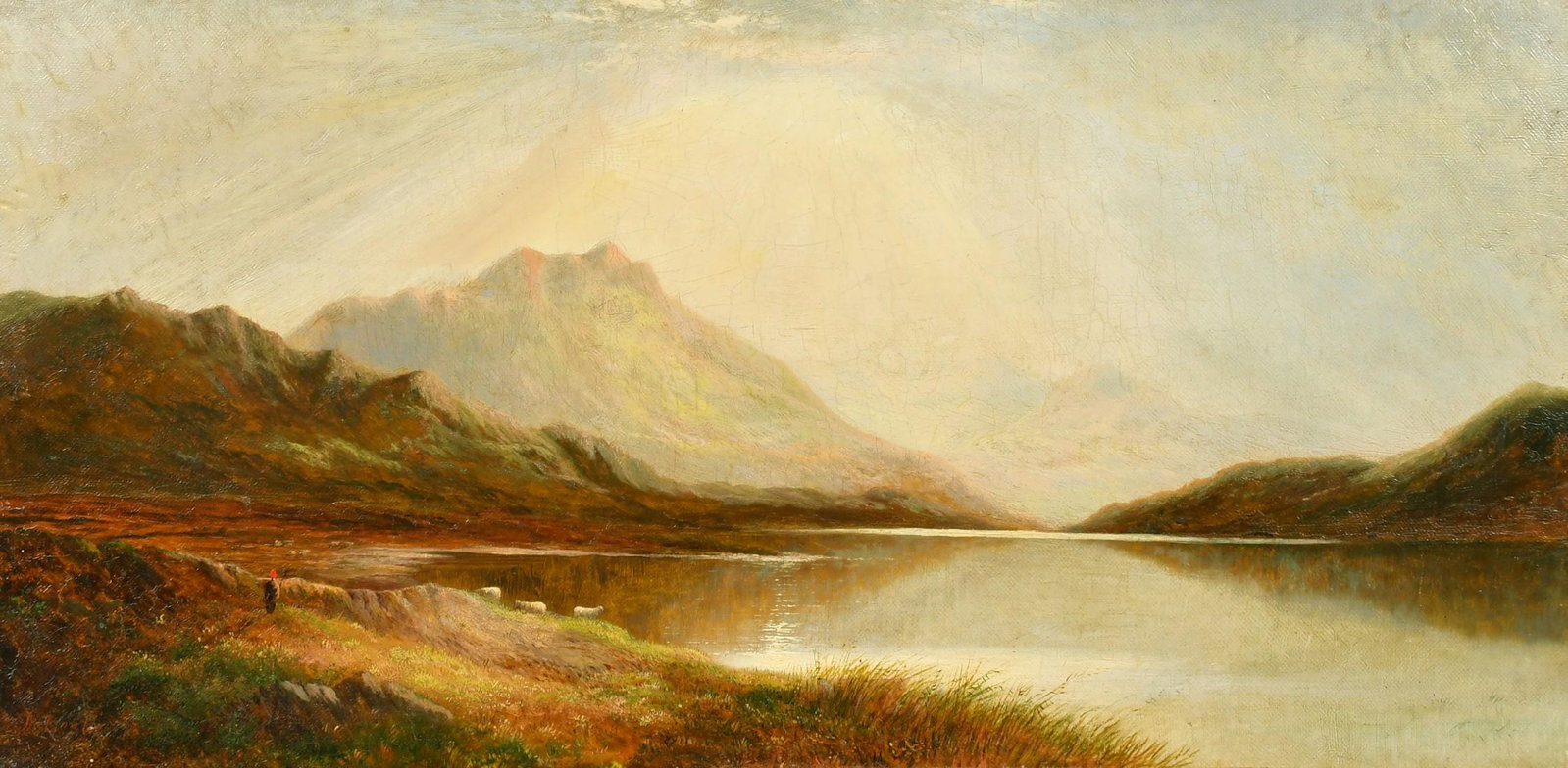 John Leslie (19th Century), British, figure and sheep by a mountain lake, oil on canvas, signed,: John Leslie (19th Century), British, figure and sheep by a mountain lake, oil on canvas, signed, 11.75" x 24", unframed.