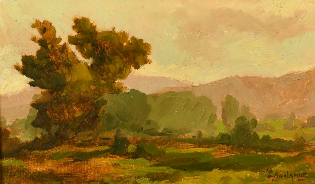 20th Century Chilean School, a hillside landscape, oil on canvas, indistinctly signed, with stamp: 20th Century Chilean School, a hillside landscape, oil on canvas, indistinctly signed, with stamp verso, 6" x 9.75".