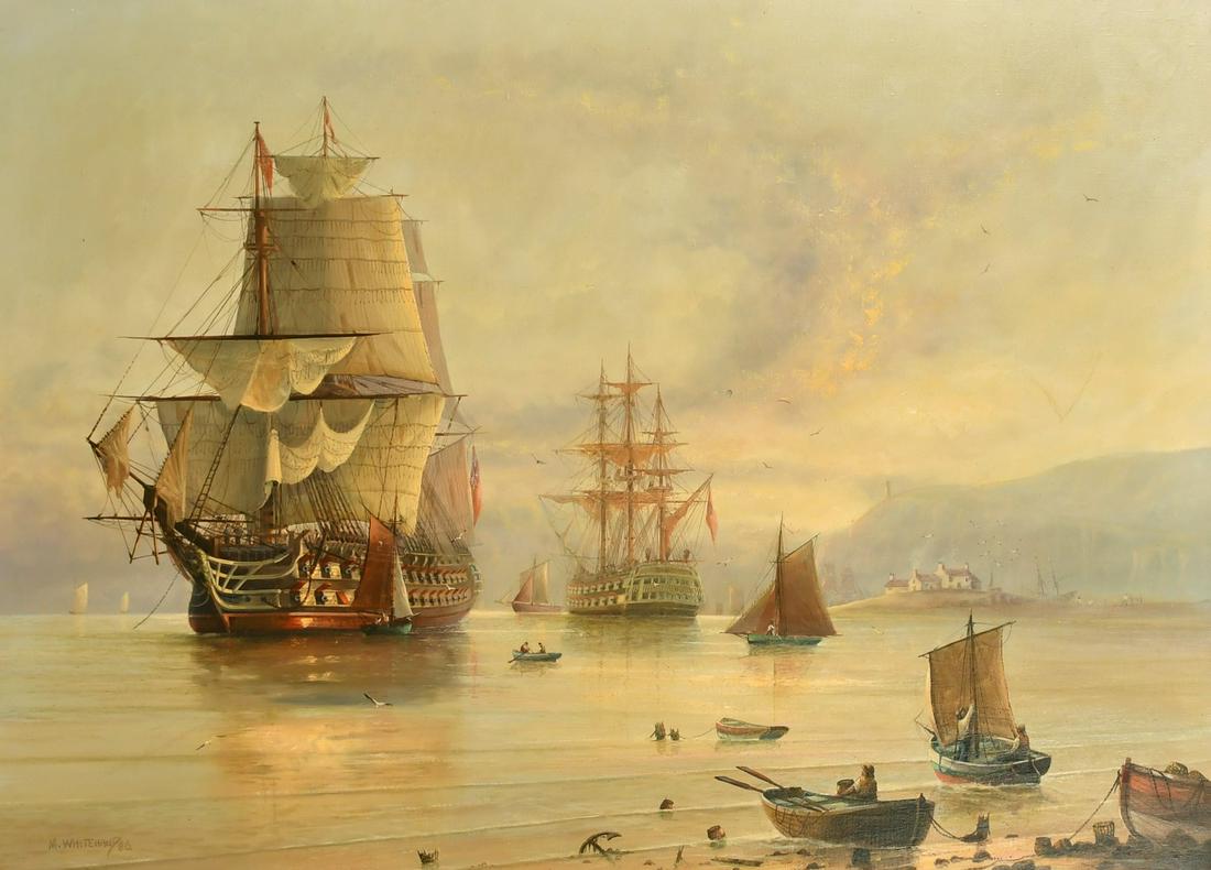 Michael Whitehand (b. 1941) British, British warships at anchor in a bay, oil on canvas, signed and: Michael Whitehand (b. 1941) British, British warships at anchor in a bay, oil on canvas, signed and dated 1986, 26" x 36".