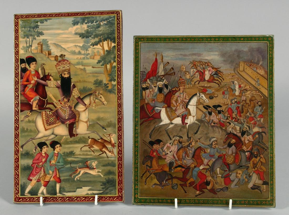TWO PERSIAN SCHOOL LACQUERED MINIATURE PAINTINGS ON BOARD, one depicting Fath Ali Shah in a hunting: TWO PERSIAN SCHOOL LACQUERED MINIATURE PAINTINGS ON BOARD, one depicting Fath Ali Shah in a hunting scene, the other depicting a battle scene, both with marbled papers to the reverse, 29cm x 16.5cm an