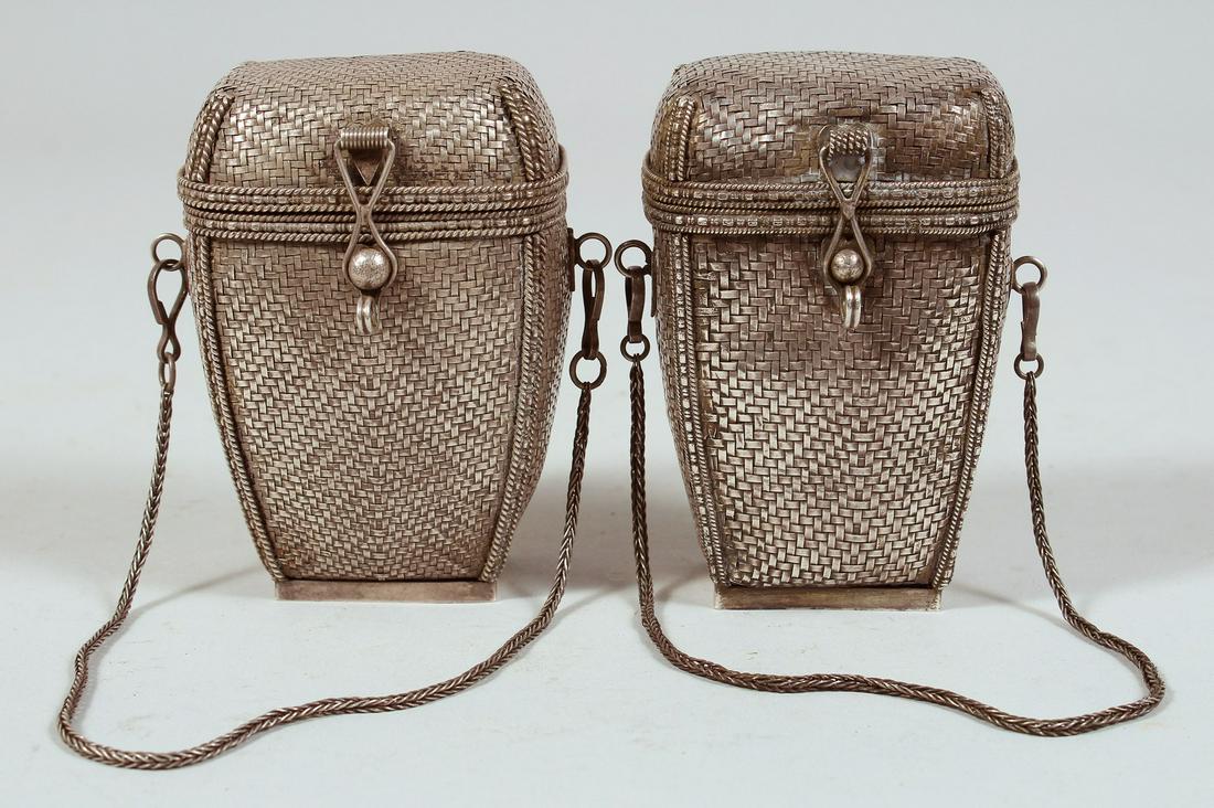 A FINE PAIR OF 19TH CENTURY JAPANESE MEIJI PERIOD WOVEN SILVER CASES, each with hinged lids chain: A FINE PAIR OF 19TH CENTURY JAPANESE MEIJI PERIOD WOVEN SILVER CASES, each with hinged lids chain handles, 10cm.