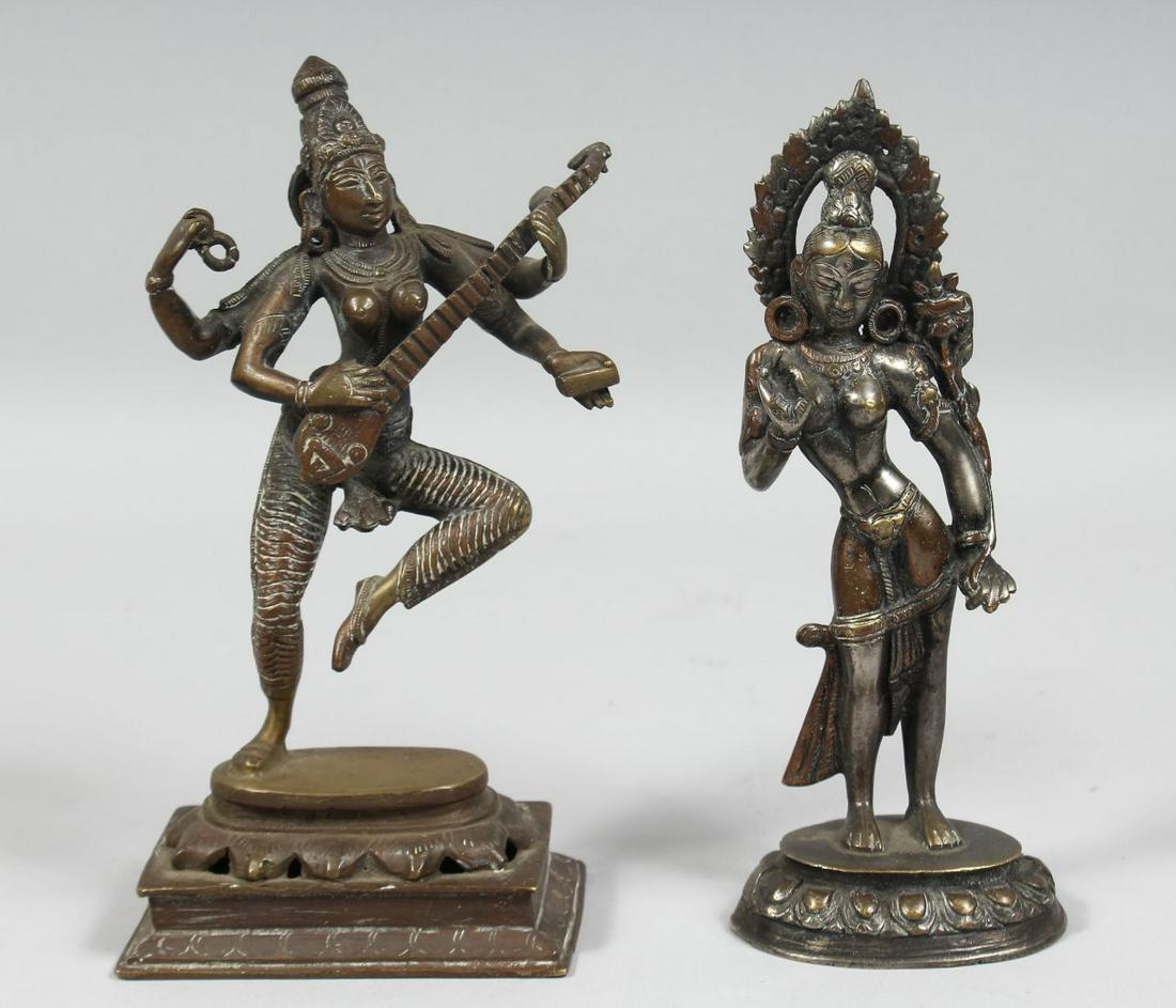 TWO INDIAN BRONZE FIGURES of deities, 22.5cm and 22cm, (2).: TWO INDIAN BRONZE FIGURES of deities, 22.5cm and 22cm, (2).