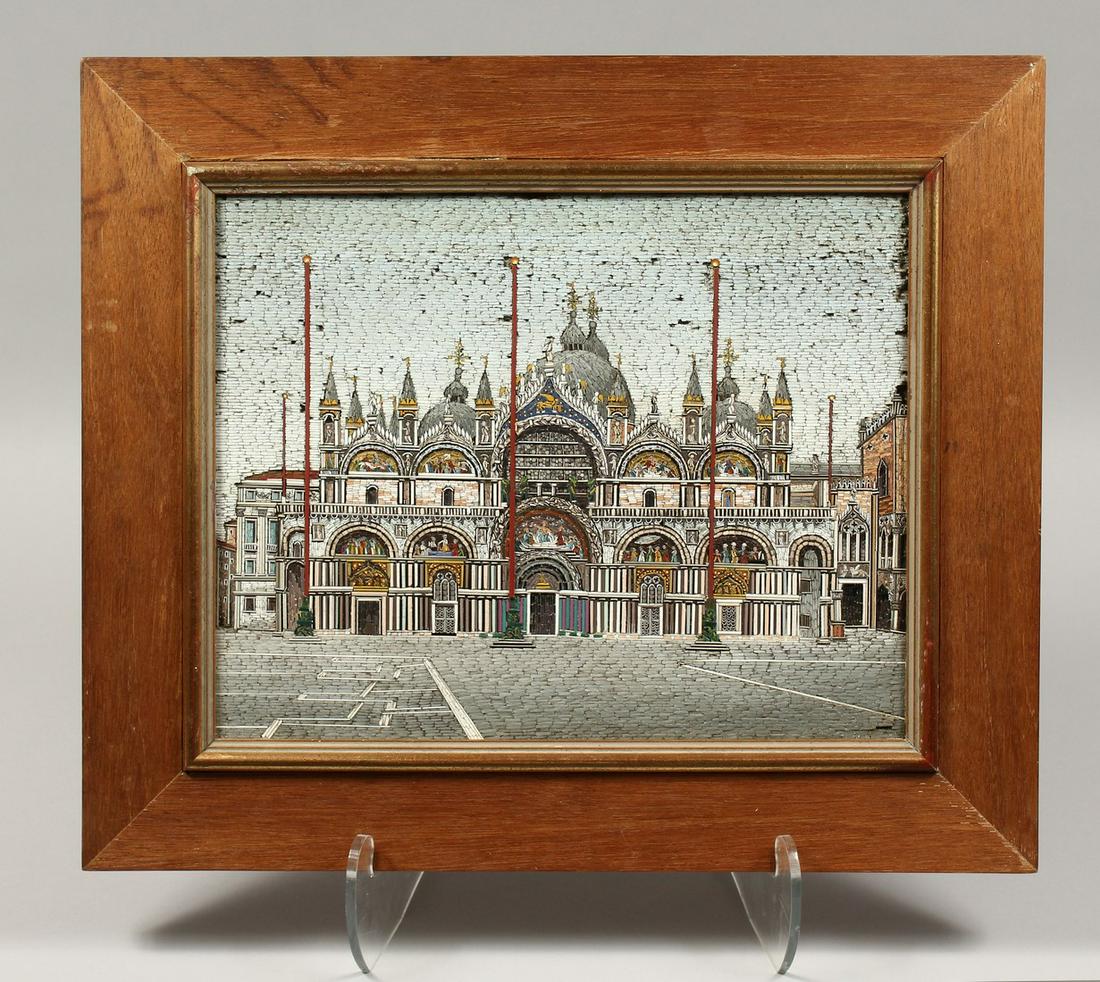 A LARGE MICRO MOSAIC OF SAINT MARK'S BASILICA, VENICE. 11ins x 13ins, framed by The Dawson Gallery,: A LARGE MICRO MOSAIC OF SAINT MARK'S BASILICA, VENICE. 11ins x 13ins, framed by The Dawson Gallery, Dublin.