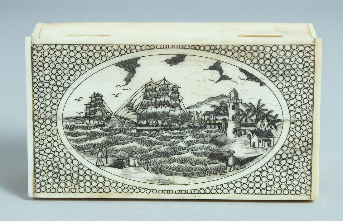 A BONE RECTANGULAR BOX sailing vessels and lighthouse. 4ins long.: A BONE RECTANGULAR BOX sailing vessels and lighthouse. 4ins long.