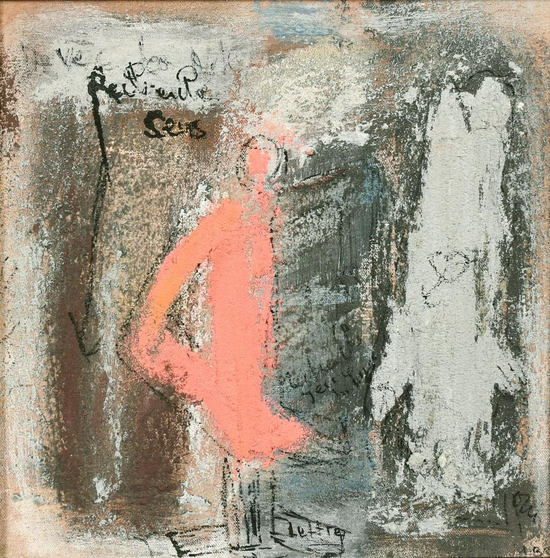 M. Brot, a pair of modern figural studies, mixed media on canvas, signed, 12" x 12" (30 x 30cm),: M. Brot, a pair of modern figural studies, mixed media on canvas, signed, 12" x 12" (30 x 30cm), (2).