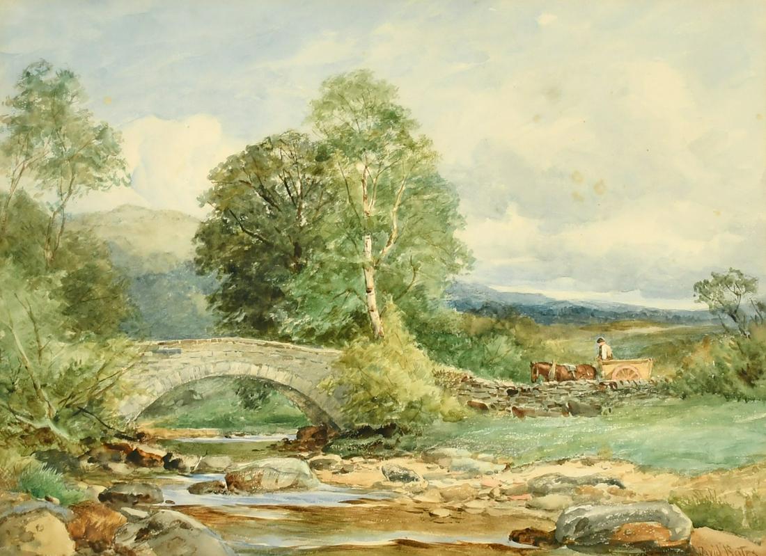 David Bates (1840-1921) British, 'In Glen Fallock, Dunbartonshire', a view of a horse and card going: David Bates (1840-1921) British, 'In Glen Fallock, Dunbartonshire', a view of a horse and card going over a stone bridge with a stream below, watercolour, signed, labels verso, 10" x 14".