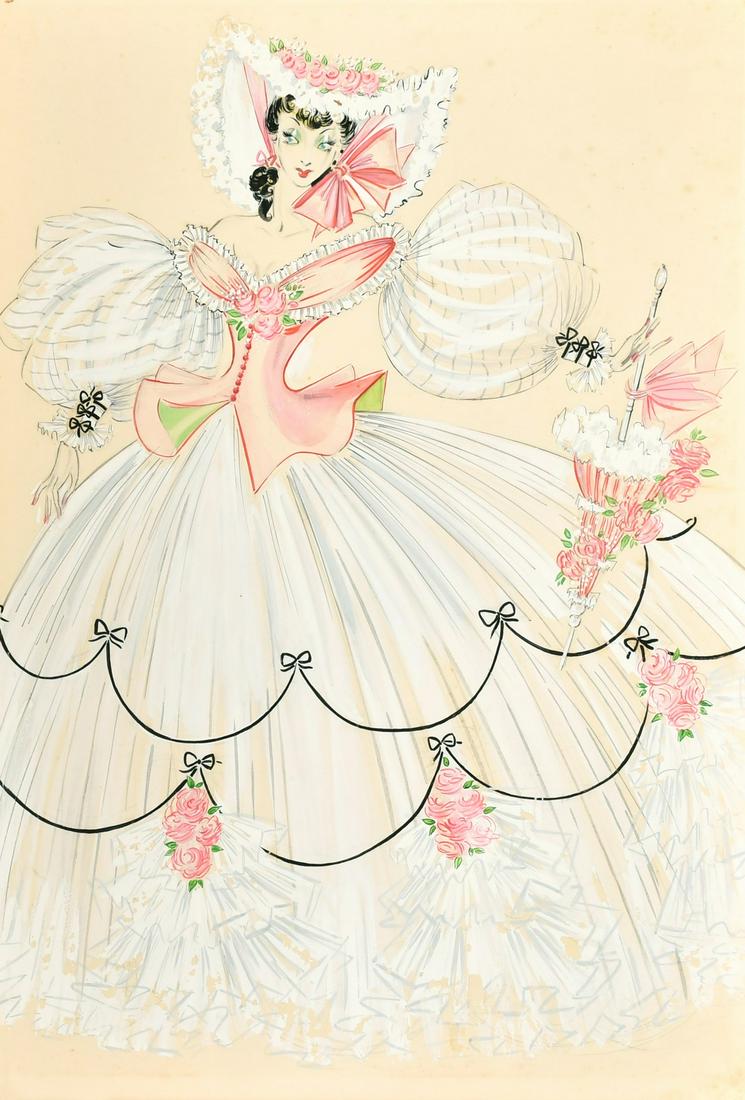 Circle of Cecil Beaton, A lady in a stage costume, a white dress with pink bodice and flowers,: Circle of Cecil Beaton, A lady in a stage costume, a white dress with pink bodice and flowers, watercolour and body colour, 18.5" x 12.5".