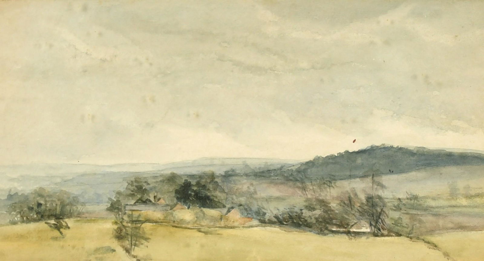 Circle of Muirhead Bone, A downland landscape, watercolour, 4.5" x 8.75", (11.5 x 22.5cm).: Circle of Muirhead Bone, A downland landscape, watercolour, 4.5" x 8.75", (11.5 x 22.5cm).