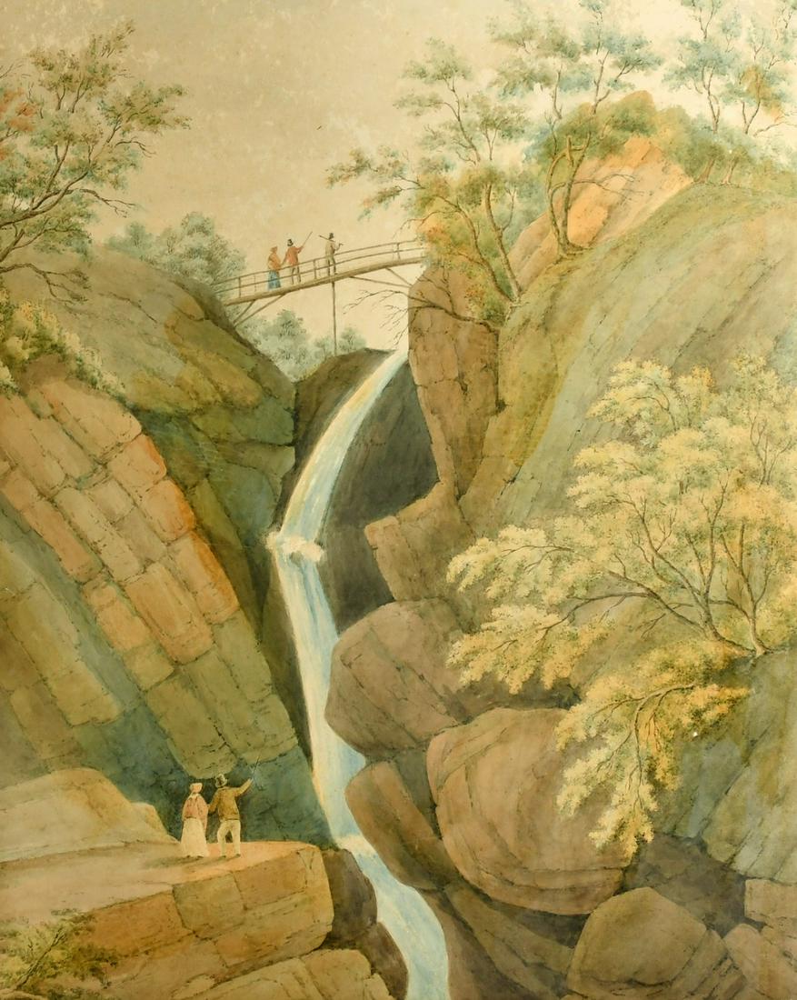 Circle of J.M.W. Turner, A coastal scene, inscribed 'Broadstairs', watercolour, 9.75" x 13.5", (25 x: Circle of J.M.W. Turner, A coastal scene, inscribed 'Broadstairs', watercolour, 9.75" x 13.5", (25 x 34.5cm), and a view of figures admiring a waterfall in the manner of John White Abbot watercolour,