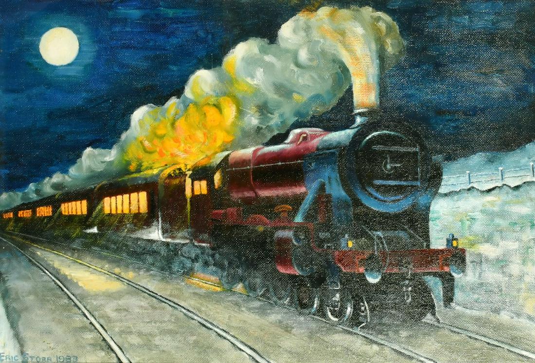 Eric Storr (21st Century) A burgundy steam train under a rising moon, oil on canvas, signed and (1 of 4)