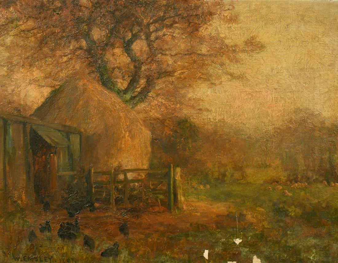 Walter Emsley (1860-1938) British, A farmyard scene with chickens outside a shed near to a large (1 of 4)