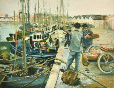 Circle of Terrick Williams (20th Century) French fishing boats unloading their catch, oil on board,: Circle of Terrick Williams (20th Century) French fishing boats unloading their catch, oil on board, Indistinctly Inscribed and dated verso, 14" x 17.5", (36 x 45cm).