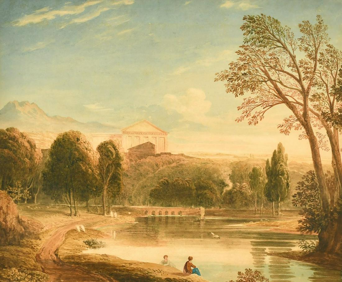 John Varley. 'Composition Italian scenery', watercolour, inscription verso, 11.5" x 15",: John Varley. 'Composition Italian scenery', watercolour, inscription verso, 11.5" x 15", (authenticated by Anne Lyles).